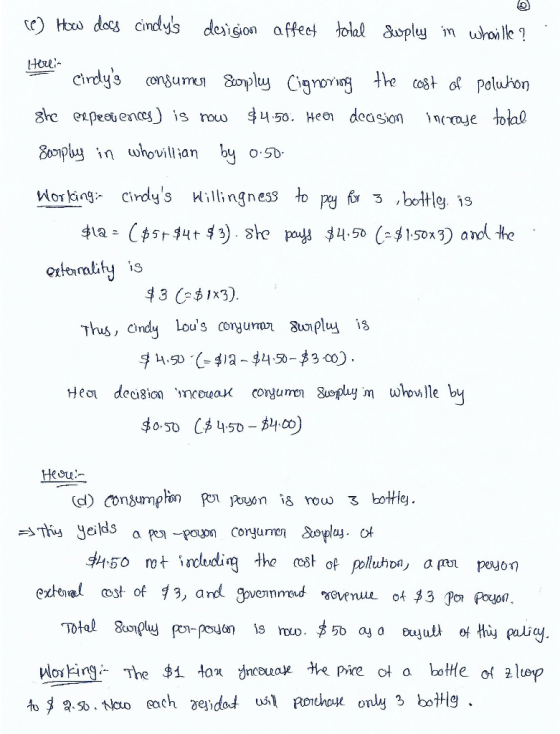(1) How does cindys desision affect total Supley in whaille ? . Herlin the cindys consumer Surpley Cignoring the cost of po