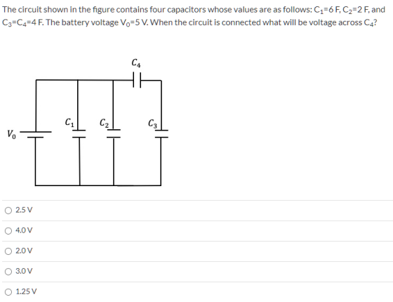 The circuit shown in the figure contains four capacitors whose values are as follows: C1=6 F, C2=2 F, and C3=C4=4 F. The batt