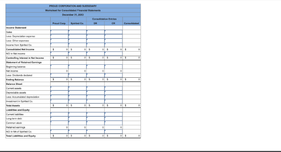 PROUD CORPORATION AND SUBSIDIARY Worksheet for Consolidated Financial Statements December 31, 20X3 Consolidation Entries Prou