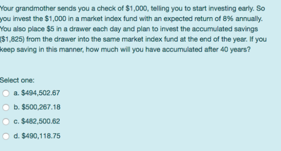 Your grandmother sends you a check of $1,000, telling you to start investing early. So you invest the $1,000 in a market inde