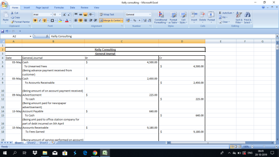 Kelly consulting - Microsoft Excel - X Home Insert Page Layout Formulas Data Review View Arial - General * Cut La Copy Paste