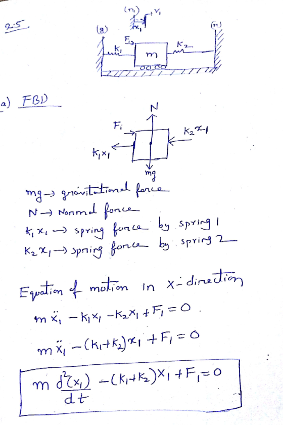 کنه R2 m OOO a) FBD ka지 kx H ma mg gravitational force N Normal fonce : kix, ₃ spring force by spring I Kax,~ spring force by