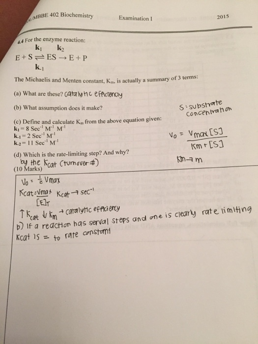 MBBE 402 BiochemistryExamination L 2015 For the enzyme reaction: ki k2 The Michaelis and Menten constant, K is actually a summary o (a) What are these? Cata iy hc e fActency (b) What assumption does it make? (c) Define and calculate K.m from the above equation given: k.2- 11 SecM (d Which is the rate-limiting step? And why? (10 Marks) f 3 terms: S subshate Concen trah on Vo = Vmax [S] km [Si cat Ctumaver# Celr ↑kcat ↓h catalytic efftiercy b) If a reaction has serval steps and one is cleary Kcat l$12 to rate crnstrmi rate timlting