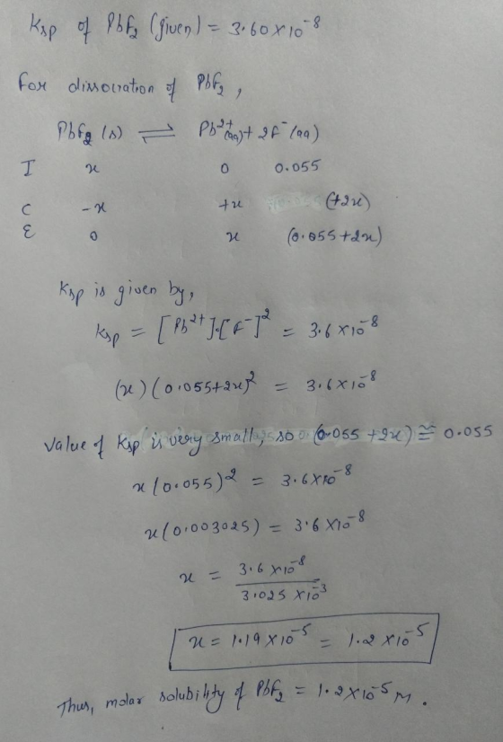 kep of Pb Fe (given ) = 3.60 x 108 for dissouration of Pbfz, Pbfg (s) - Portalt at laa) 0 0.055 tu (tar) n (0.055+2n) Huw Kap