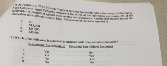 17) On February 1, 2014. Henson Agee Company. Agee Company assesses a fee of 3% of the receivable son Company factored receiv