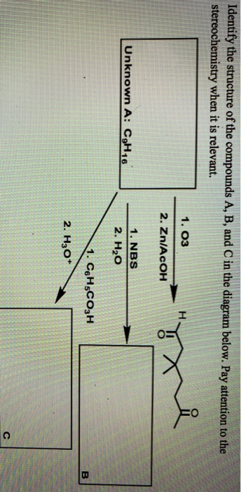 Identify the structure of the compounds A, B, and C in the diagram below. Pay attention to the stereochemistry when it is rel
