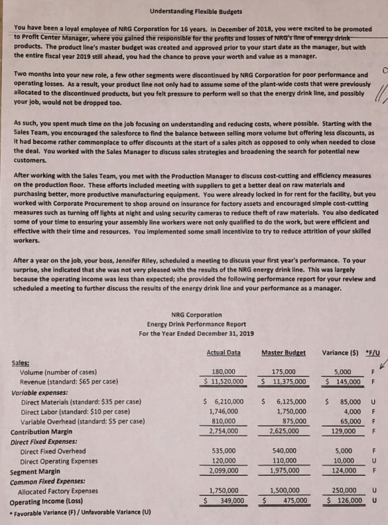 Understanding Flexible Budgets You have been a loyal employee of NRG Corporation for 16 years. In December of 2018, you were