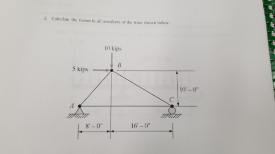 2. Calculate the forces in all members of the truss shown belovw 10 kips 5 kips 10-0 .A 8-0 16-0