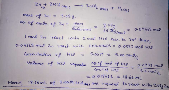 3.05 3 maus of 2n 3.053 65.383/mo no. of moOe of Zn mas o.0M665 ma mo Car maus I mol Zn reaet oith 2 mal Hco e to x then 0.09