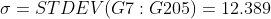 \sigma=STDEV(G7:G205)=12.389