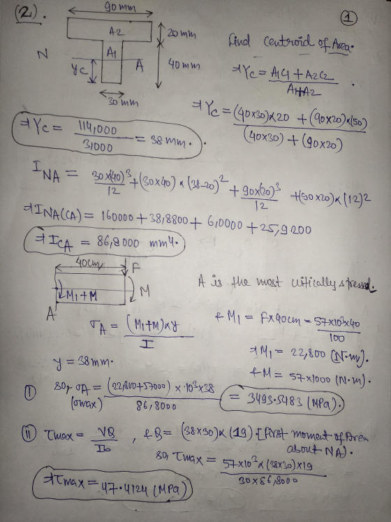 gomm A2 120mm O 140mm find centroid of Area + Xe = 414 +A22 AHA Yc = (40x30)X20 +90x20) «(50) (40x30) + (90x20) - 38mm.). 30