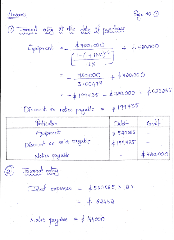 Answer Page No o 0 Journal contey eie the date of purchase Equipment = $420,000 + $720,000 pi-(1+127.)-57 [ 124% - 720,000 +