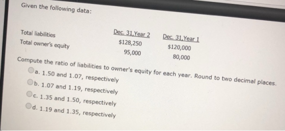 Given the following data: EC SL,Year 1 $120,000 80,000 Total liabilities $128,250 95,000 Total owners equity Compute the ratio of liabilities to owners equity for each year. Round to two decimal places. Oa. 1.50 and 1.07, respectively Ob. 1.07 and 1.19, respectively Oc, 1.35 and 1.50, respectively Od. 1.19 and 1.35, respectively