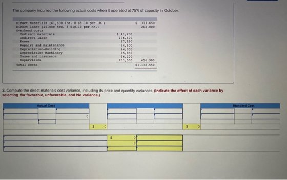 The company incurred the following actual costs when it operated at 75% of capacity in October. $ 313,650 202.000 Direct mate