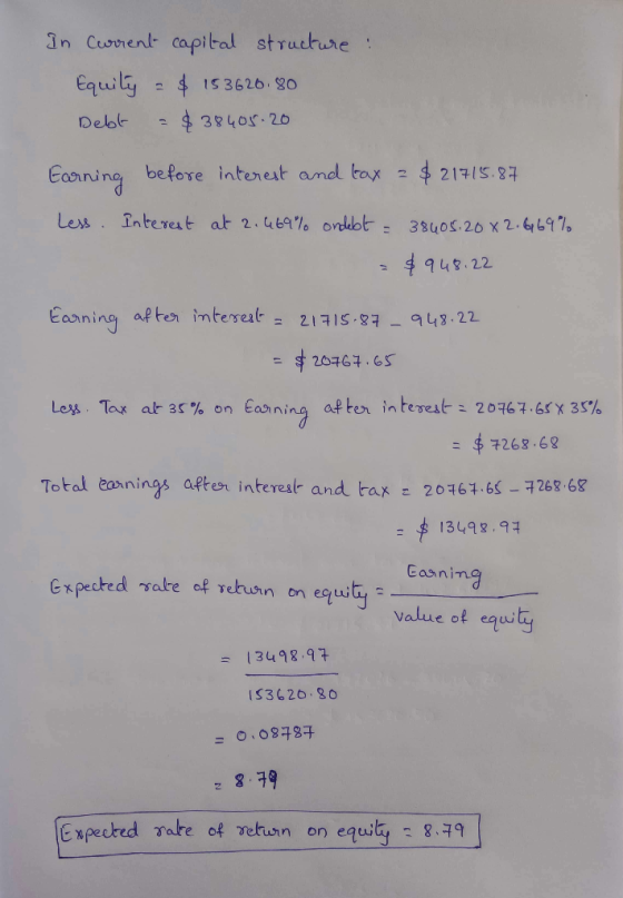 In Cunent capital structure Equily 1s 3626 g0 $38405.20 Delbl before interest and tax 2 $ Eaoning 217/S.87 Less nterert at 2.