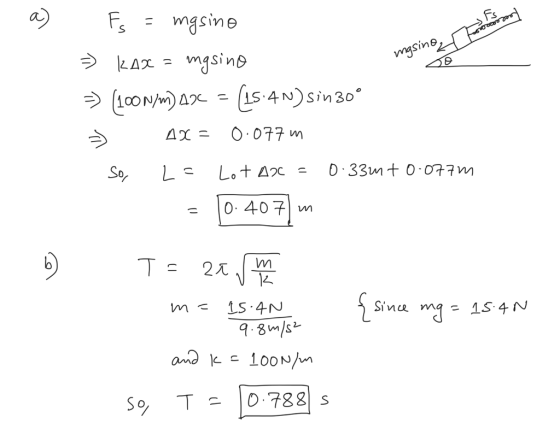 rool mgsine, - Fs = mgsino =) kax = imgsino => (100Nm) 42 = (15:4N) Sin 30° = 4x = 0.077 m 1. So, L= Lot A2 = 0.33m+ 0-077m -