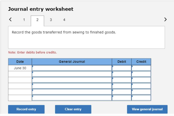 Journal entry worksheet 3 4 Record the goods transferred from sewing to finished goods. Note: Enter debits before credits. Ge