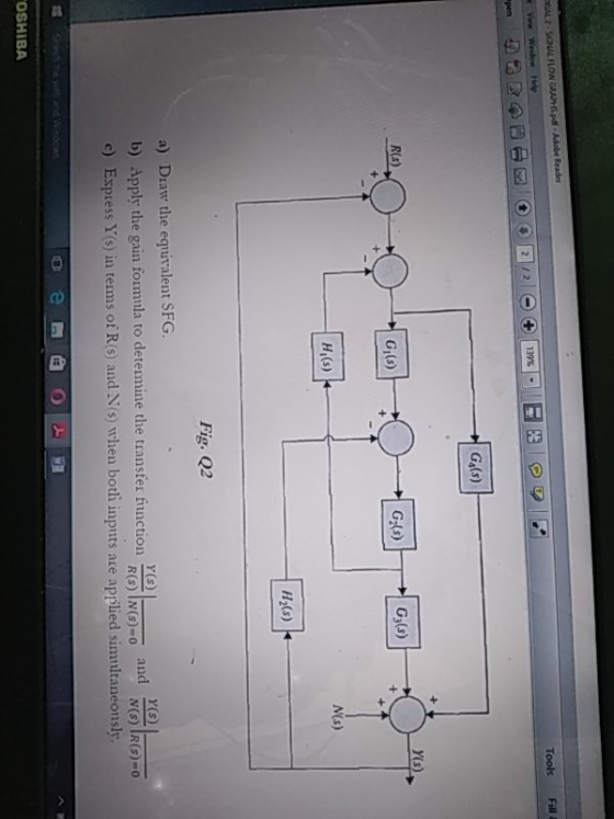 Tools Full I-SCALFLON GRAPH.pdf Adobe Reader Wed Help 2/2 139% pen Ge(s) Y(s) R(s) Gj(s) G (s) G,(s) N(s) H(s) H2(s) Fig. Q2