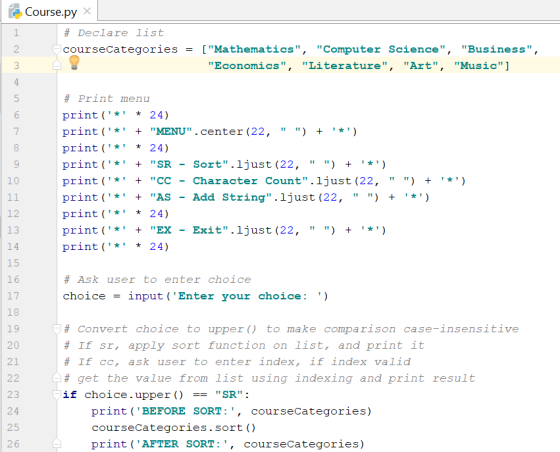 Course.py X : # Declare list 2 courseCategories - [Mathematics Computer Science, Business, 3 Economics, Literature,