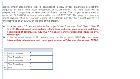 Down Under Boomerang, Inc., is considering a new 3-year expansion project that requires an initial fixed asset investment of