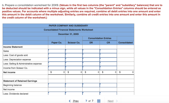 b. Prepare a consolidation worksheet for 20X9. (Values in the first two columns (the parent and subsidiary balances) that