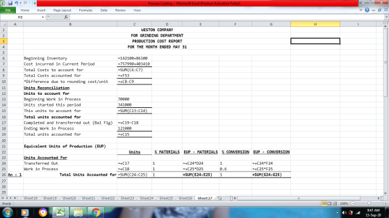 X- х Process Costing - Microsoft Excel (Product Activation Failed) File Home Insert Formulas Data Review View ♡ O X Page Layo