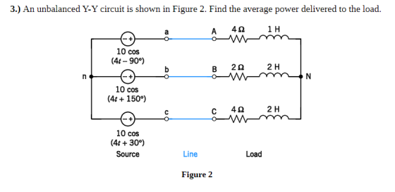 .) An unbalanced Y-Y circuit is shown in Figure 2. Find the average power delivered to the load. 21H 10 cos (4t - 90°) 20 2H 10 cos 4150°) 4Ω 2H 10 cos (4t + 30°) Source Line Load Figure 2