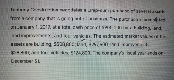 Timberly Construction negotiates a lump-sum purchase of several assets from a company that is going out of business. The purc