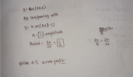 - y = cos (6x) By comparing with y= A cos(BX8-c) A = 1 amplitude Period = 2x = 1/2 27 GE 65 option A is corrent graphi