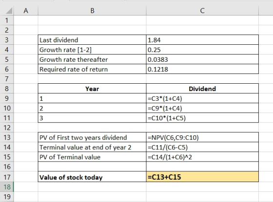 B 3 4 Last dividend Growth rate (1-2) Growth rate thereafter Required rate of return 1.84 0.25 0.0383 0.1218 5 6 Year Dividen