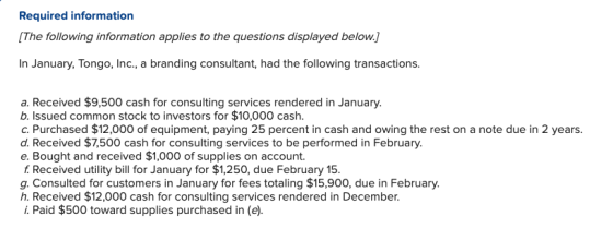 Required information [The following information applies to the questions displayed below.] In January, Tongo, Inc., a brandin