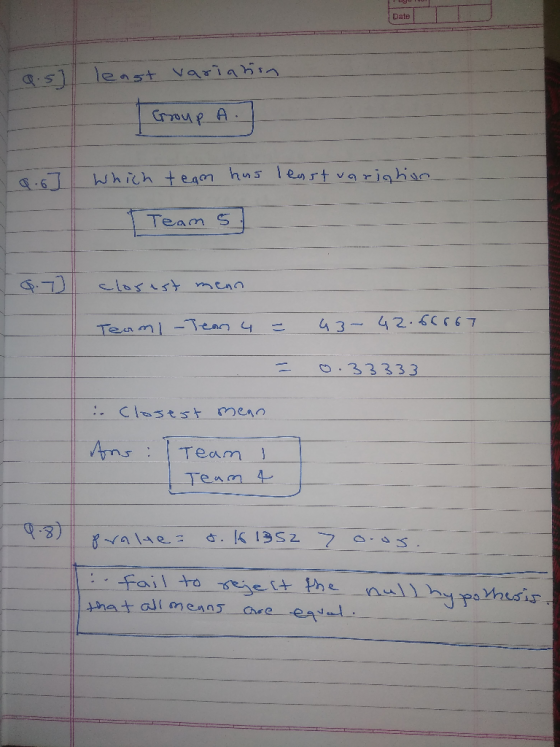 Date 1.51 least variation Group A. Which team hus least varighion Team 5 Team s - a.7 closest menn Team I-Team 4 = 43- 42.666