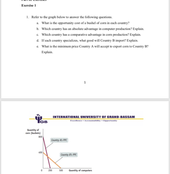 Exercise 1 1. Refer to the graph below to answer the following questions. a. b. c. d. e. What is the opportunity cost of a bushel of corn in each country? Which country has an absolute advantage in computer production? Explain. Which country has a comparative advantage in corn production? Explain. If each country specializes, what good will Country B import? Explain. What is the minimum price Country A will accept to export corn to Country B? Explain INTERNATIONAL UNIVERSITY OF GRAND-BASSAM GB Quantity of corm (bushels) 800 Country As PPC 400 Country Bs PPC 0 200 5Quantity of computers