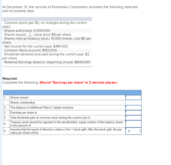 At December 31, the records of Kozmetsky Corporation provided the following selected and incomplete data: Common stock (par $