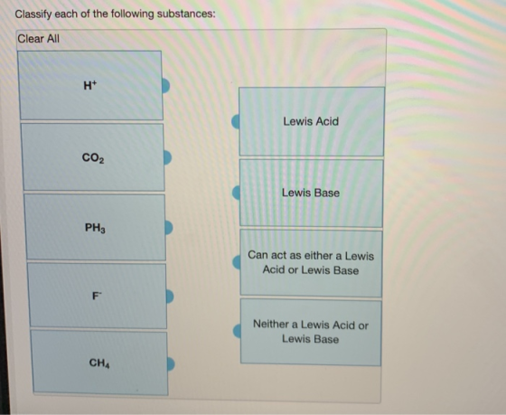 Classify each of the following substances: Clear All H+ Lewis Acid CO2 Lewis Base PH Can act as either a Lewis Acid or Lewis