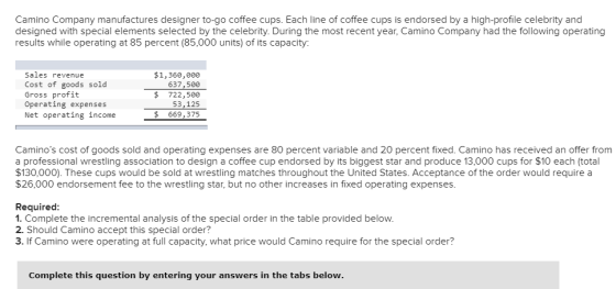 Camino Company manufactures designer to-go coffee cups. Each line of coffee cups is endorsed by a high-profile celebrity and