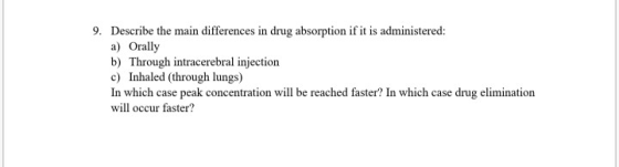 9. Describe the main differences in drug absorption if it is administered: a) Orally b) Through intracerebral injection c) In