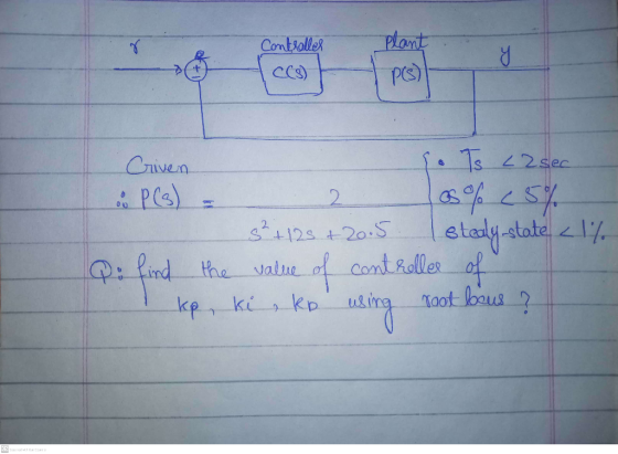 Controller CCS) Plant ps) & P (3) Criven I. Ts L2 sec 2. as % 25% s² + 125 + 20.5 I stealy state < 1% Q: find the value the v
