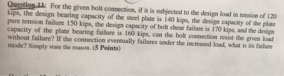 Question 11 For the given bolt connection, if it is subjected to the design load in tension of 120 kips, the design bearing capacity of the steel plate is 140 kips, the design capacity of the plate pure tension failure 150 kips, the design capacity of bolt shear failure is 170 kips, and the design capacity of the plate bearing failure is 160 kips, can the bolt connection resist the given load without failure? If the connection eventually failures under the increased load, what is its failure mode? Simply state the reason. (5 Points)