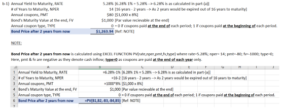 b-1) Annual Yield to Maturity, RATE # of Years to Maturity, NPER Annual coupons, PMT Bonds Maturity Value at the end, FV Ann