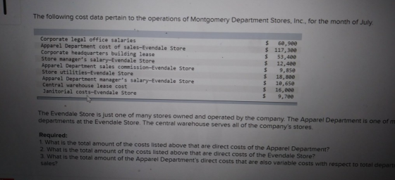The following cost data pertain to the operations of Montgomery Department Stores, Inc., for the month of Corporate legal office salaries Apparel Department cost of sales-Evendale Store Corporate headquarters building lease Store managers salary-Evendale Store Apparel Department sales commission-Evendale Store Store utilities-Evendale Store Apparel Department managers salary-Evendale Store Central warehouse lease cost Janitorial costs-Evendale Store $ 60,980 $ 117, 30e s 53,480 $ 12,400 $ 9,850 $ 18,8e0 $ 10,650 $ 16,eee $ 9,700 The Evendale Store is just one of many stores owned and operated by the company. The Apparel Department is one of m departments at the Evendale Store. The central warehouse serves all of the companys stores. Required 1. What is the total amount of the costs listed above that are direct costs of the Apparel Department? 2 What is the total amount of the costs listed above that are direct costs of the Evendale Store? 3. What is the total amount of the Apparel Departments direct costs that are also variable costs with respect to total depart sales?
