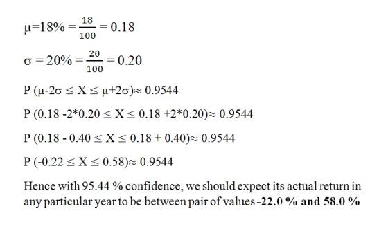 18 μ-1800 0.18 σ = 20% 0.20 P (u-2c X μ+2c): 0.9544 P (0.18 -2*0.20 s Xs 0.18 +2*0.20) 0.9544 P (0.18 0.40 s X 3 0.18 + 0.40) 0.9544 P (-0.22 X 3 0.58) 0.9544 Hence with 95.44 % confidence, we should expect its actual return in 100 0 20 100 any particular year to be between pair of values-22.0 % and 58.0 %