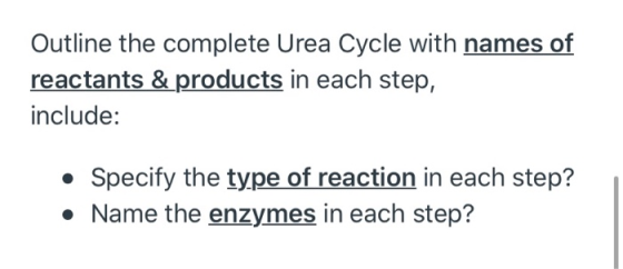 Outline the complete Urea Cycle with names of reactants & products in each step, include: Specify the type of reaction in eac