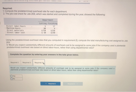 Required: 1. Compute the predetermined overhead rate for each department 2. The job cost sheet for Job 203, which was started