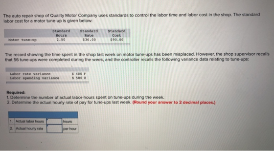 The auto repair shop of Quality Motor Company uses standards to control the labor time and labor cost in the shop. The standa