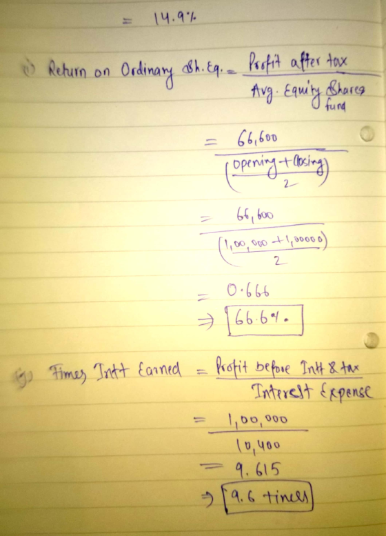 = 14.9% Utund Return on Ordinary &h. Eq. Profit after tax Avg. Equity shares = 66,600 ( opening taosing 66,600 (1,100,000 + 1
