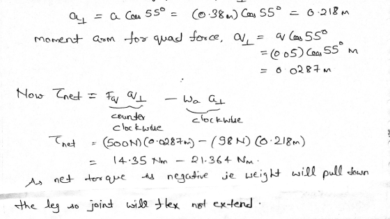 az = a Com 55° = (0.38m) Coos 55° = 0.218m moment arom for quad force, a = q (as 55° = 005) Coos 55°m = 0.0287m Now Enet = Fa