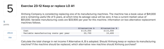 Exercise 23-12 Keep or replace LO A1 Xinhong Company is considering replacing one of its manufacturing machines. The machine