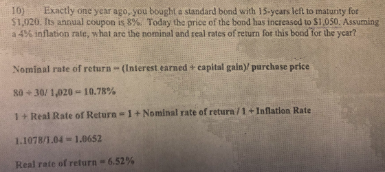 220 Exactly one year ago, you bought a standard bond with 15-ycars left to matunty for $1,020. Its annual coupon is 8%. Today