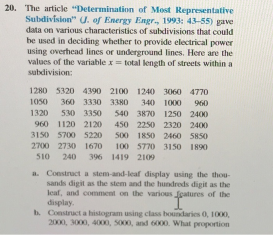 20. The article Determination of Most Representative Subdivísion J. of Energy Engr., 1993: 43-55) gave data on various characteristics of subdivisions that could be used in deciding whether to provide electrical power using overhead lines or underground lines. Here are the values of the variable x total length of streets within a subdivision: 1280 5320 4390 2100 1240 3060 4770 1050 360 3330 3380 340 1000 960 1320 530 3350 540 3870 1250 2400 960 1120 2120 450 2250 2320 2400 3150 5700 5220 500 1850 2460 5850 2700 2730 1670 100 5770 3150 1890 510 240 396 1419 2109 a. Construct a stem-and-leaf display using the thou- sands digit as the stem and the hundreds digit as the leaf, and comment on the various features of the display b. Construct a histogram using class boundaries 0, 1000, 2000, 3000, 4000, 5000, and 6000. What proportion